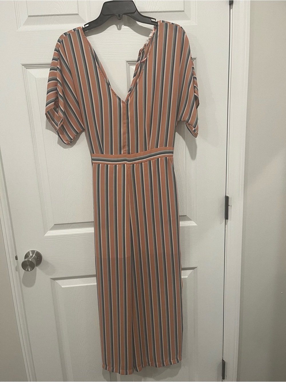 june & hudson Striped V-Neck Jumpsuit in Rust, Teal, and White